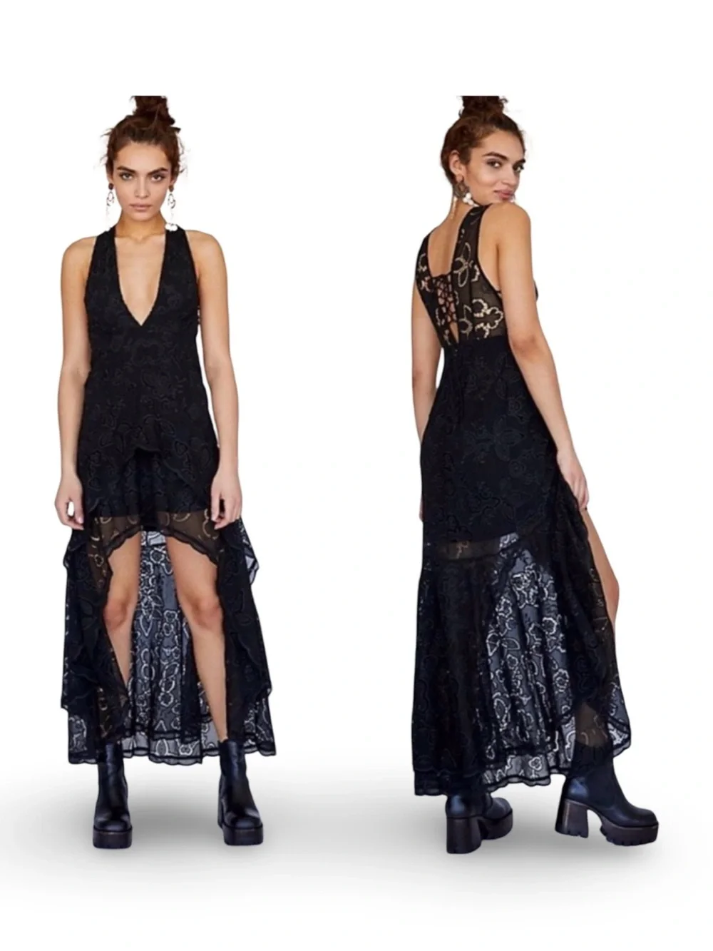 Free People Black Lace High-Low‎ Dress with Side Cutouts, XS